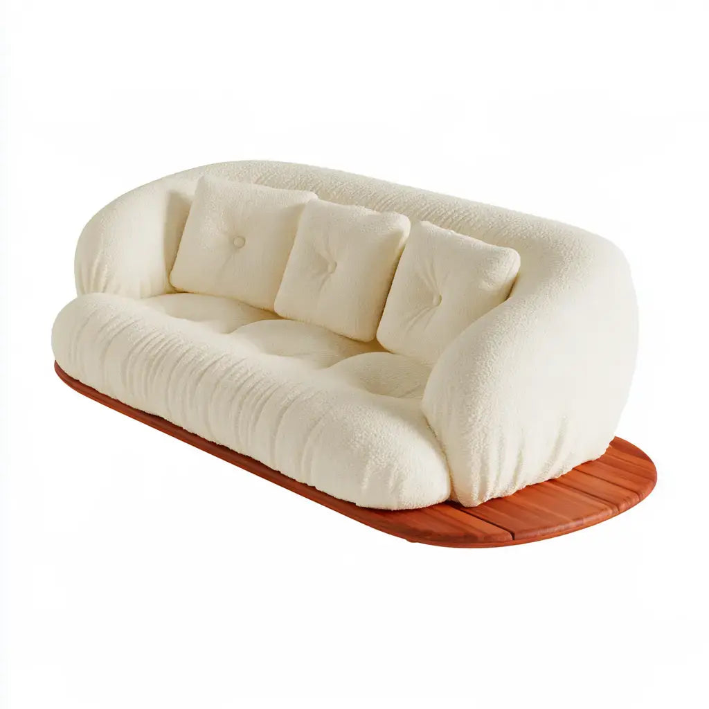 Sofá con brazos redondeados y base curva - beige/marrón