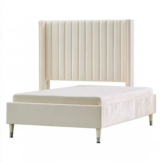 Cama con cabecero alto de canales verticales - beige