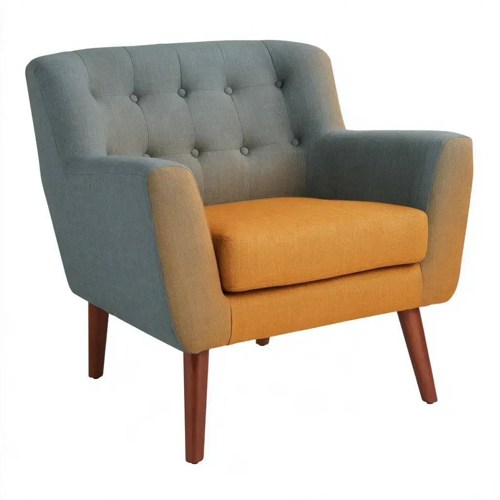 Sillón con respaldo de botones y asiento contrastado - azul/mostaza