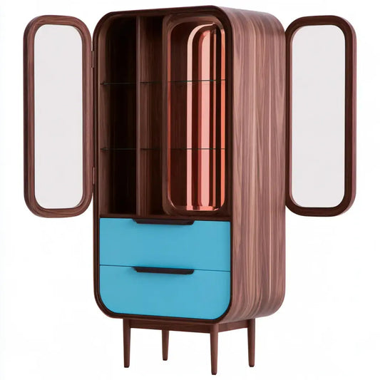 Vitrina con puertas curvas y cajón contrastado - marrón/turquesa